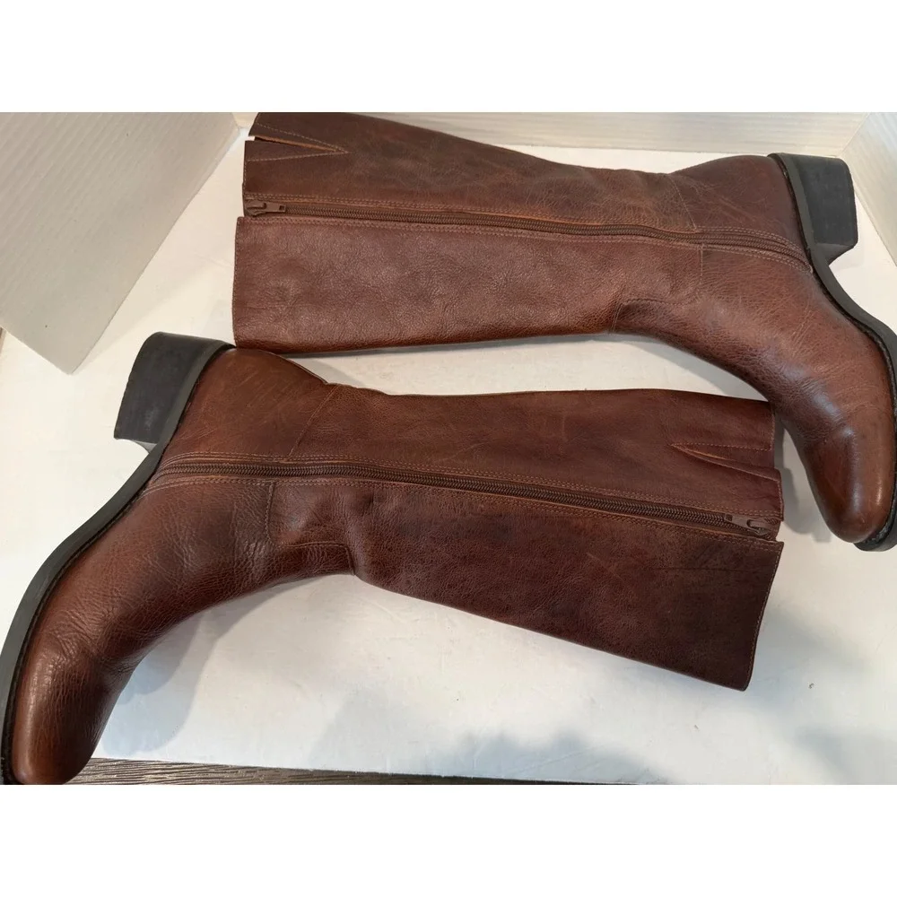 NICOLE Brown Leather Braided Buckle Tall Equestrian Zip Up‎ Riding Boots 9.5M
